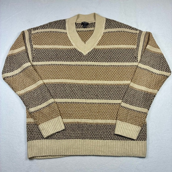 Todd Snyder Linen Open Knit V-neck Sweater Brown Tan Cream Striped XL $398